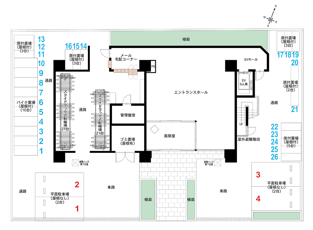 スプランディッド新大阪Ⅶ：1F駐車・駐輪エリア