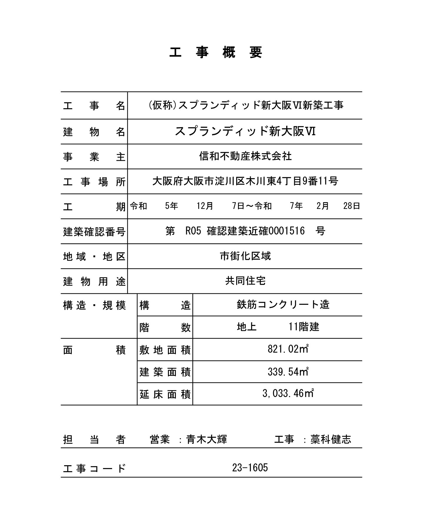 スプランディッド新大阪Ⅵ：工事概要