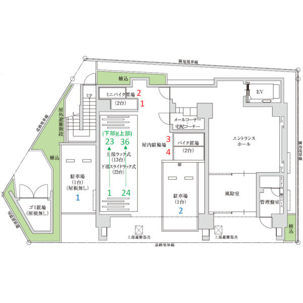 スプランディッド玉造DUE：1F駐車・駐輪エリア